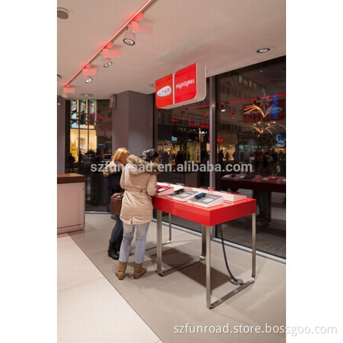 Cell phone flagship store furnitures wooden countertop displays glass accessories showcases
